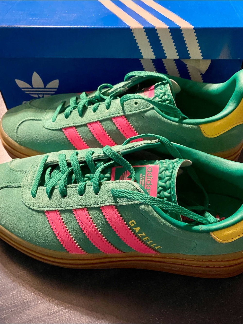 adidas Gazelle Sneakers - Green with Pink Stripes and Yellow Heel